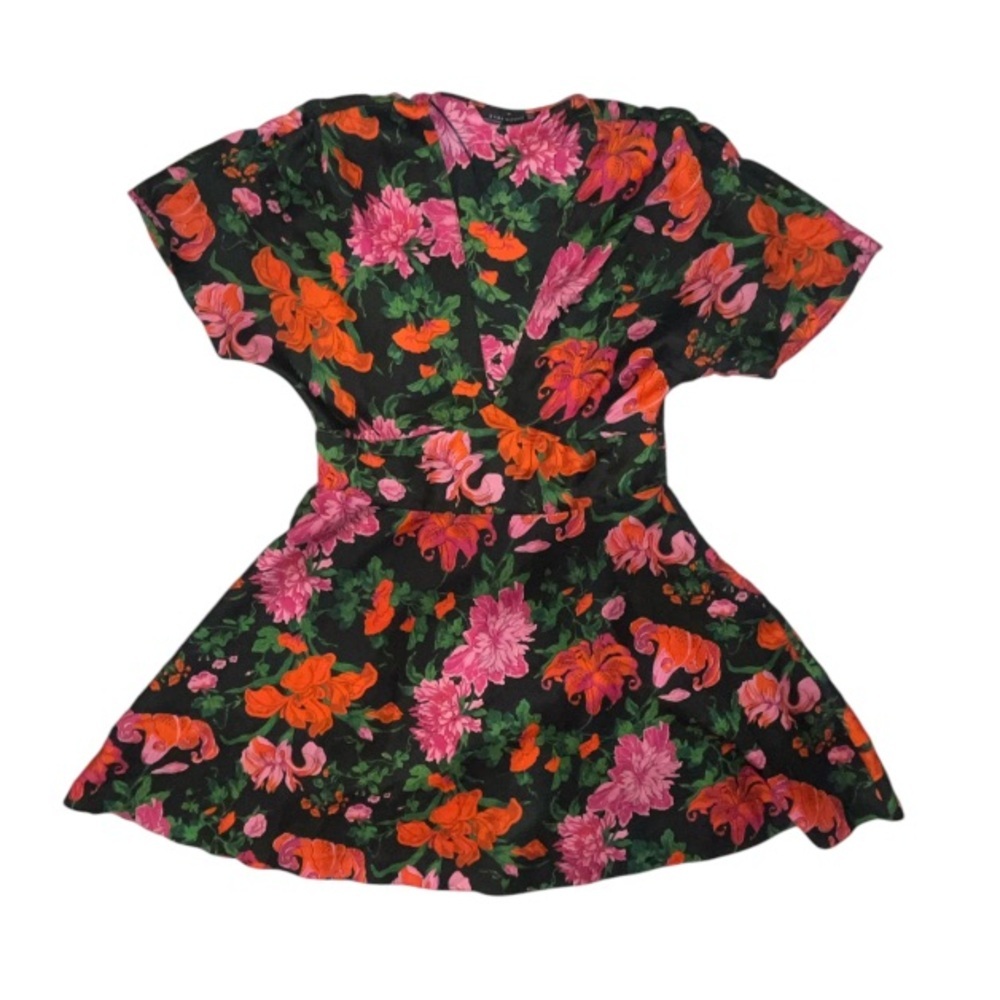 Zara Black Floral V Neck Short Sleeve Mini Dress Side Zip Pink Orange Size Med - Picture 2 of 9